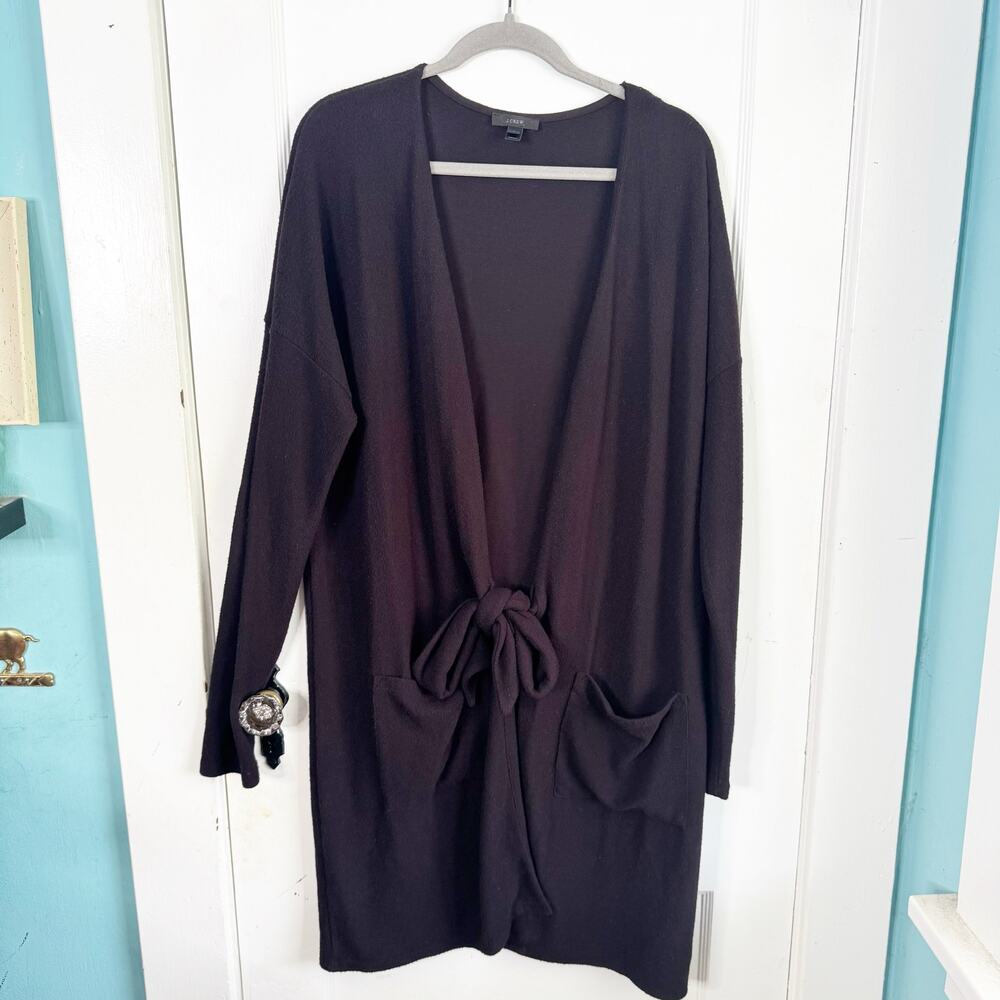 J. Crew Tie Front Long Line Cardigan Black Large L Closet Staple H9759 Casual